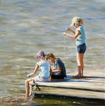Child Painting - Fishing Buddies beach Child impressionism